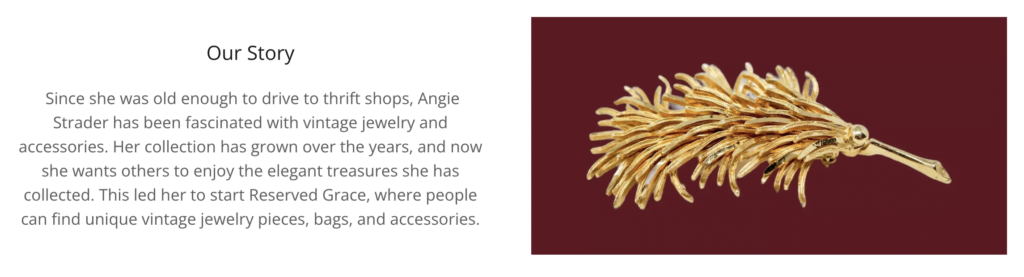 a gold feathery piece of jewelry on a dark red background next to text about reserved grace and angie strader